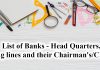 List of Indian and Nationalised Banks headquarters and taglines with chairmans 2017 pdf