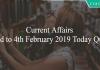 Current Affairs 2nd to 4th February 2019 Today Quiz