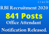 RBI Recuritment 2020 for 841 Office Attendant Posts Notification Released