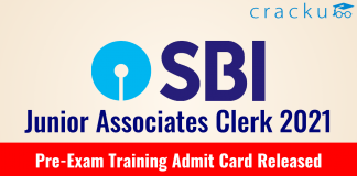 SBI JA Clerk Exam 2021 - Pre-Exam Training Admit Card Released