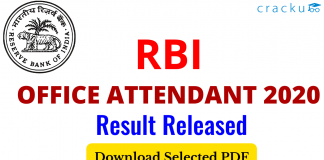 RBI OFFICE ATTENDANT 2020 Result