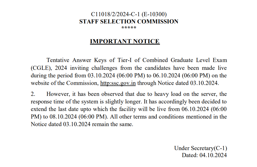 SSC CGL Answer Key Notification 2024