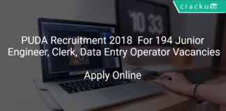 PUDA Recruitment 2018 Apply Online For 194 Junior Engineer, Clerk, Data Entry Operator Vacancies