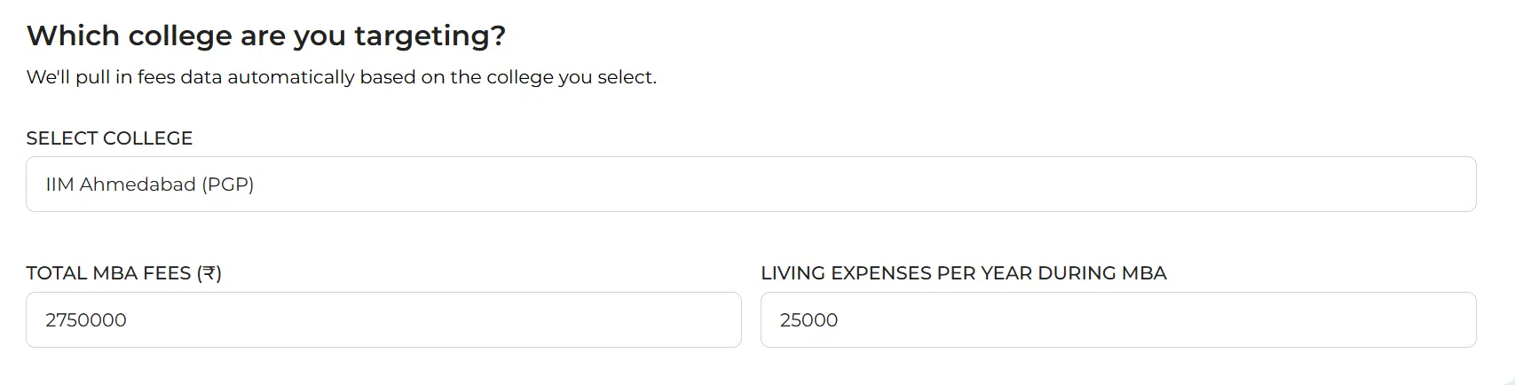 MBA ROI Calculator Step 1 and 2